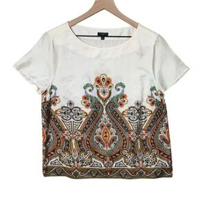 Talbots Silk Blouse Women 14p White Paisley Print Short Sleeve Side Zip Top Boho